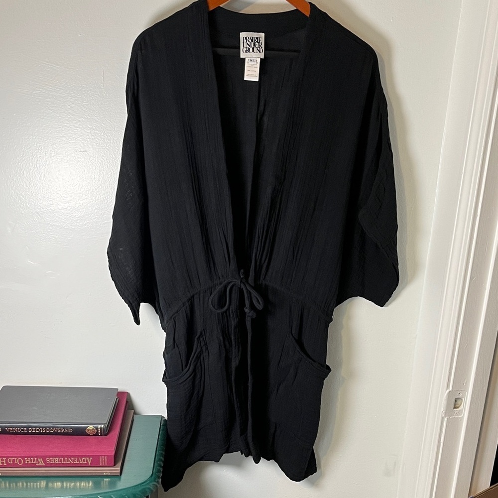 Prairie Underground 100% Cotton Black Kimono Tie Waist Lagenlook Cardigan Sz M/L